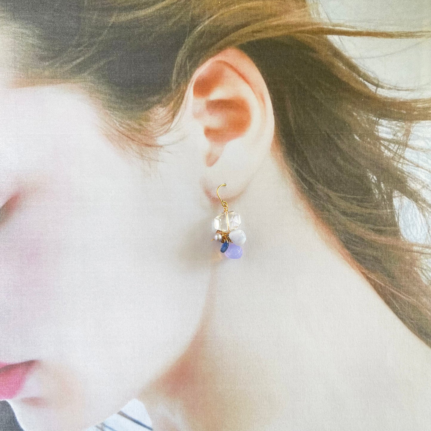 Icy Clarity – Crystal Quartz Tumble & Blue Gemstone Cluster Earrings 14K Gold filled