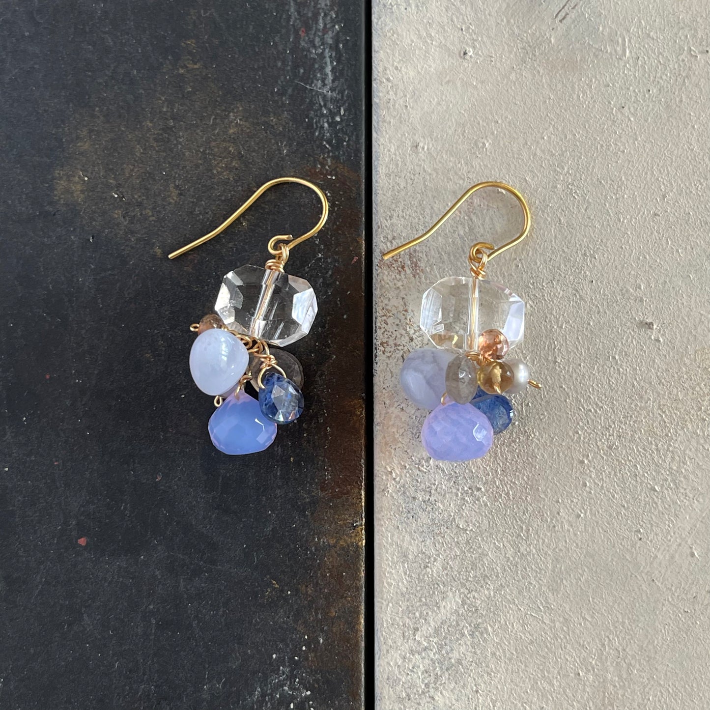 Icy Clarity – Crystal Quartz Tumble & Blue Gemstone Cluster Earrings 14K Gold filled