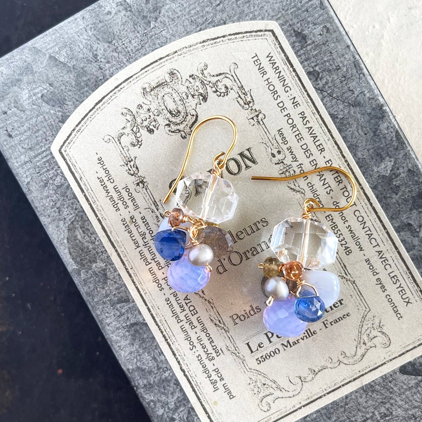 Icy Clarity – Crystal Quartz Tumble & Blue Gemstone Cluster Earrings 14K Gold filled