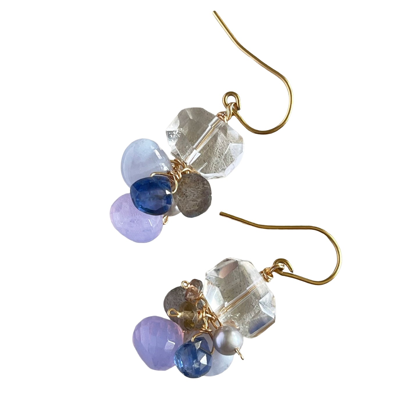 Icy Clarity – Crystal Quartz Tumble & Blue Gemstone Cluster Earrings 14K Gold filled