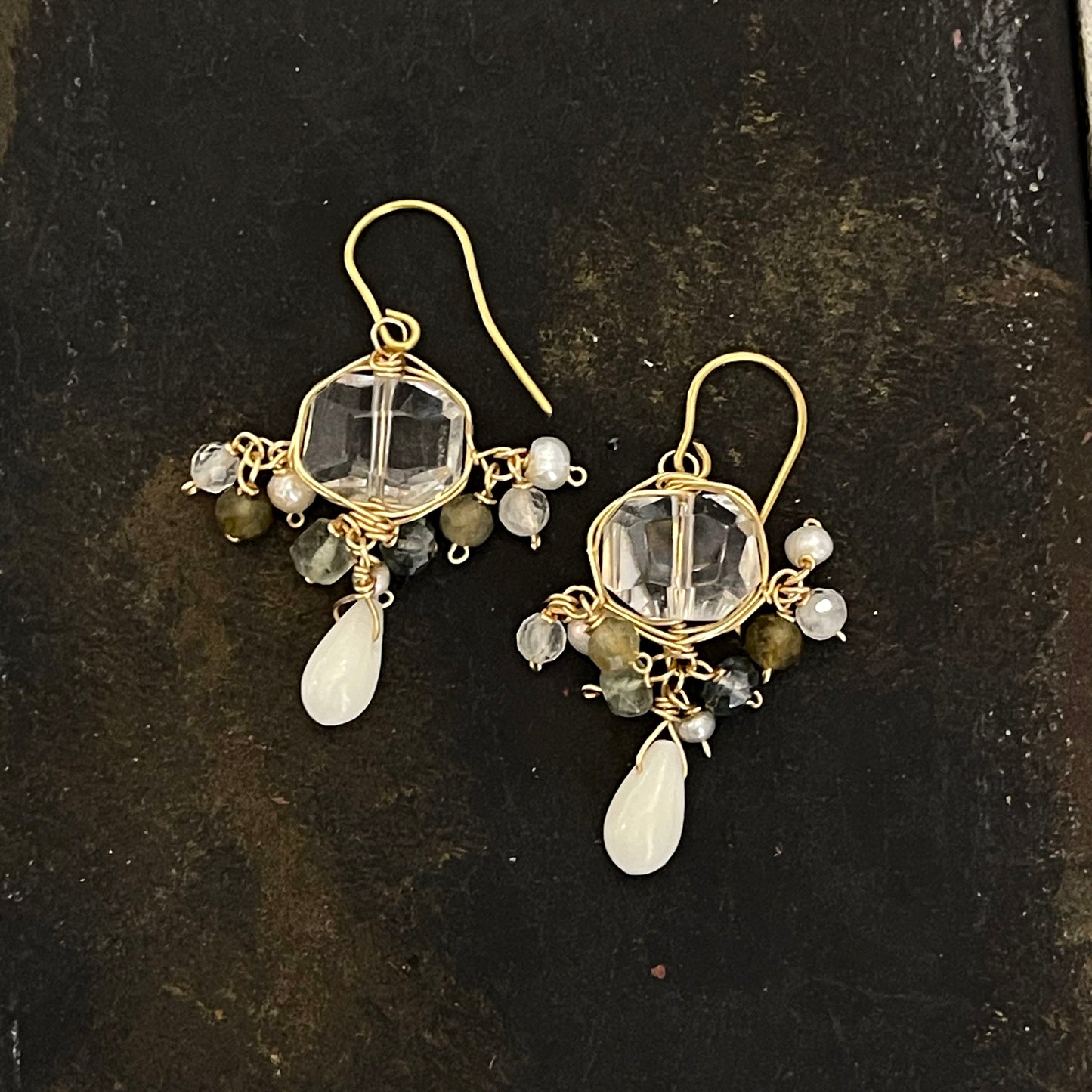 Crystalline Serenity – Crystal Quartz & White Coral Cluster Earrings 14K Gold Fill