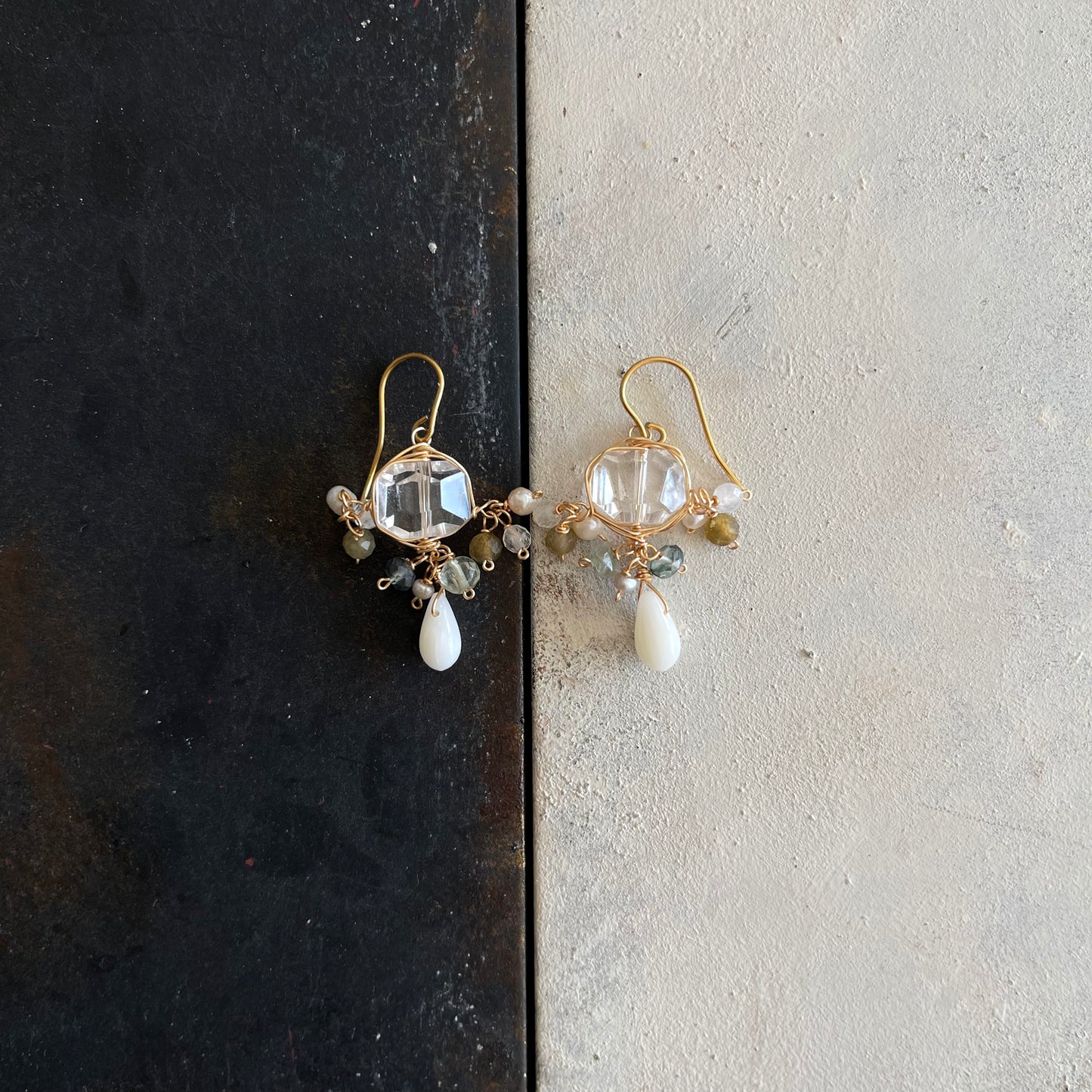 Crystalline Serenity – Crystal Quartz & White Coral Cluster Earrings 14K Gold Fill