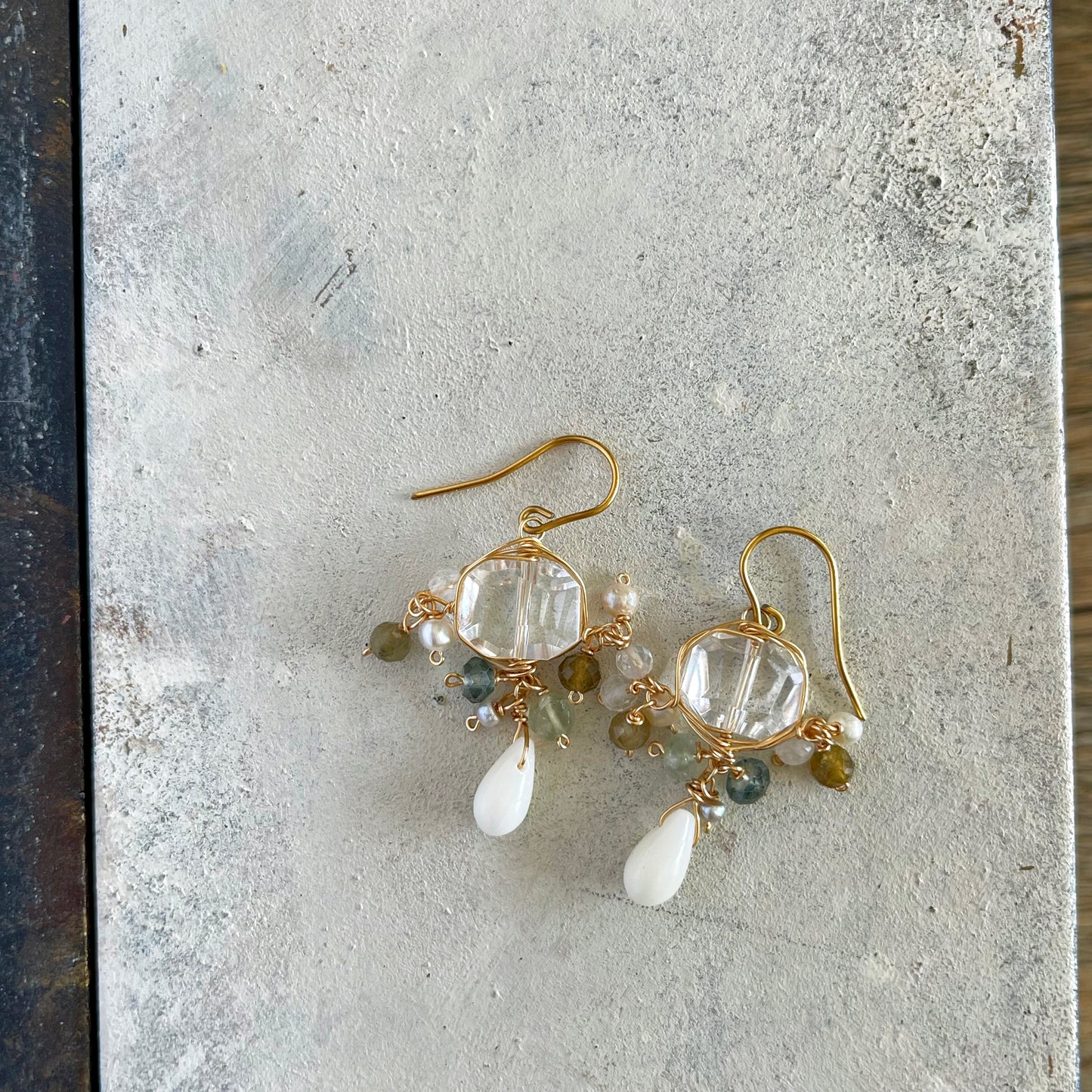 Crystalline Serenity – Crystal Quartz & White Coral Cluster Earrings 14K Gold Fill