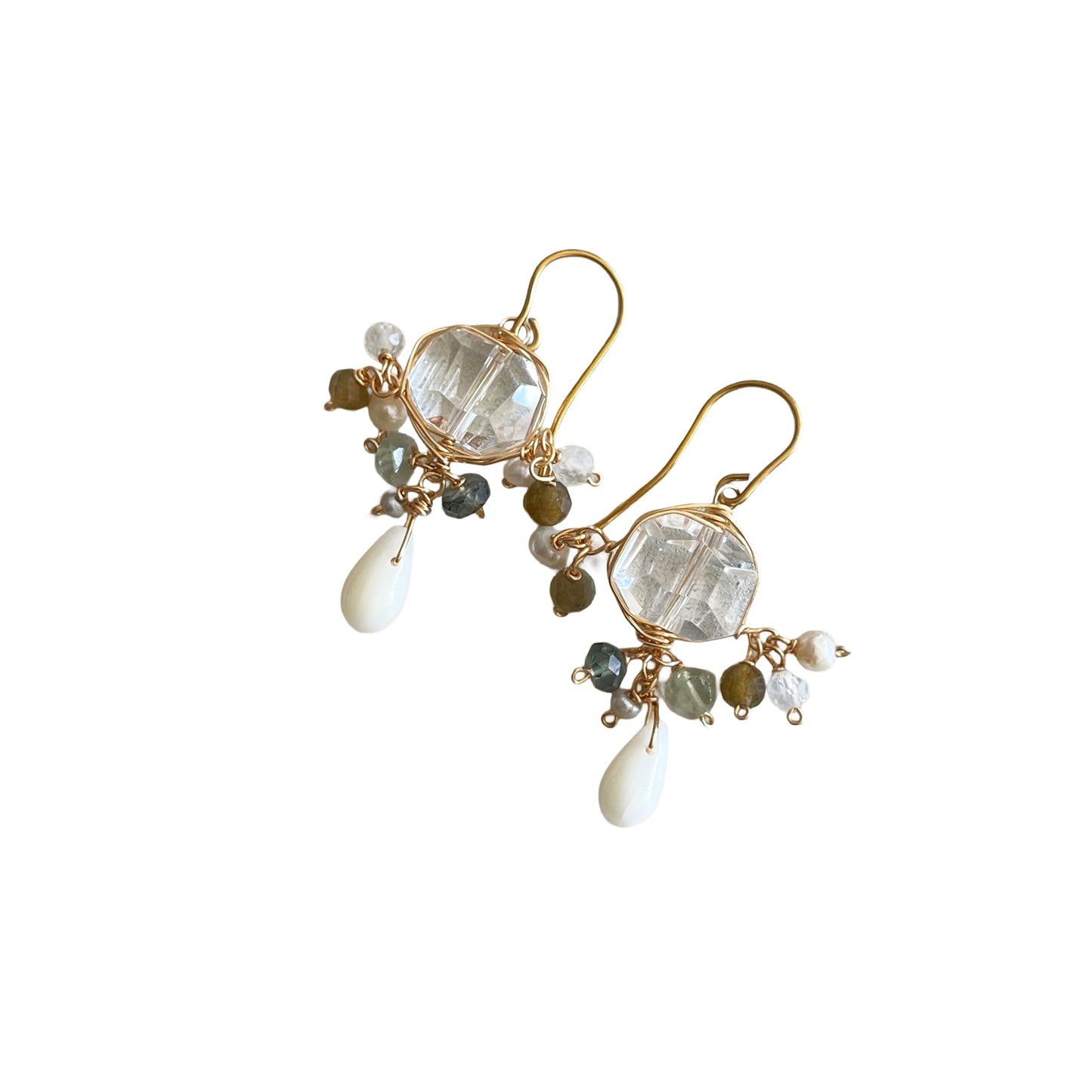 Crystalline Serenity – Crystal Quartz & White Coral Cluster Earrings 14K Gold Fill