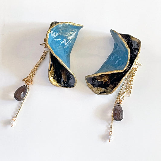 Wave Crest Statement Earrings: 2-Way Stone Clay & Smoky Quartz Statement Earrings
