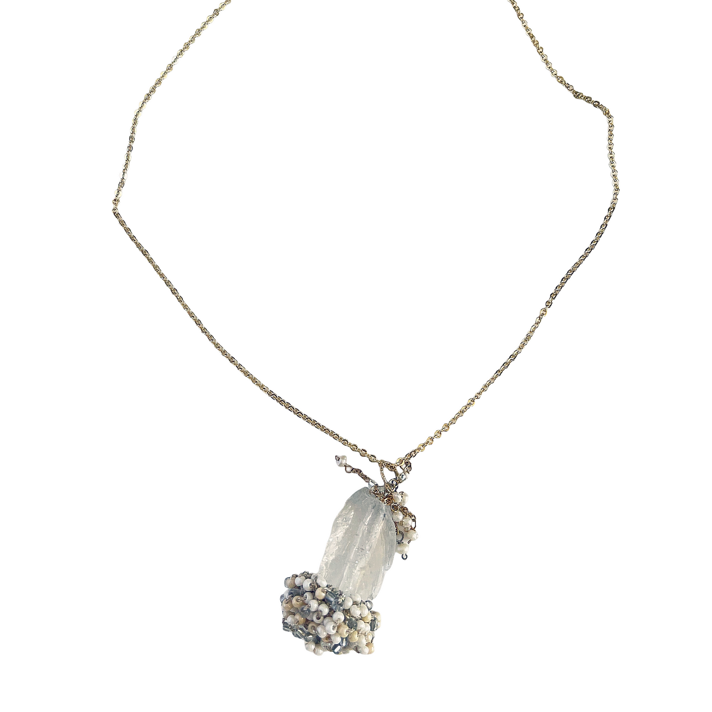 Woven Earth - Rock Crystal & Pearl Crochet Pendant Necklace