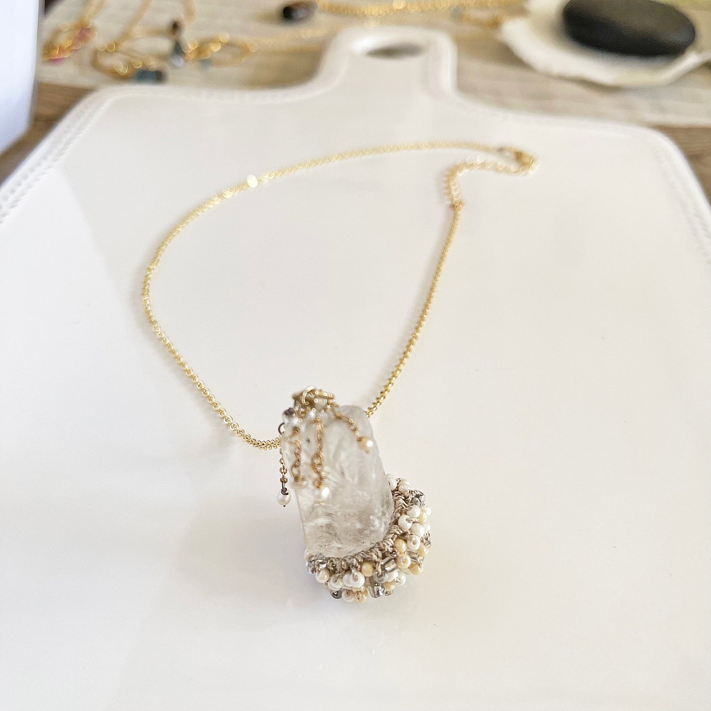 Woven Earth - Rock Crystal & Pearl Crochet Pendant Necklace