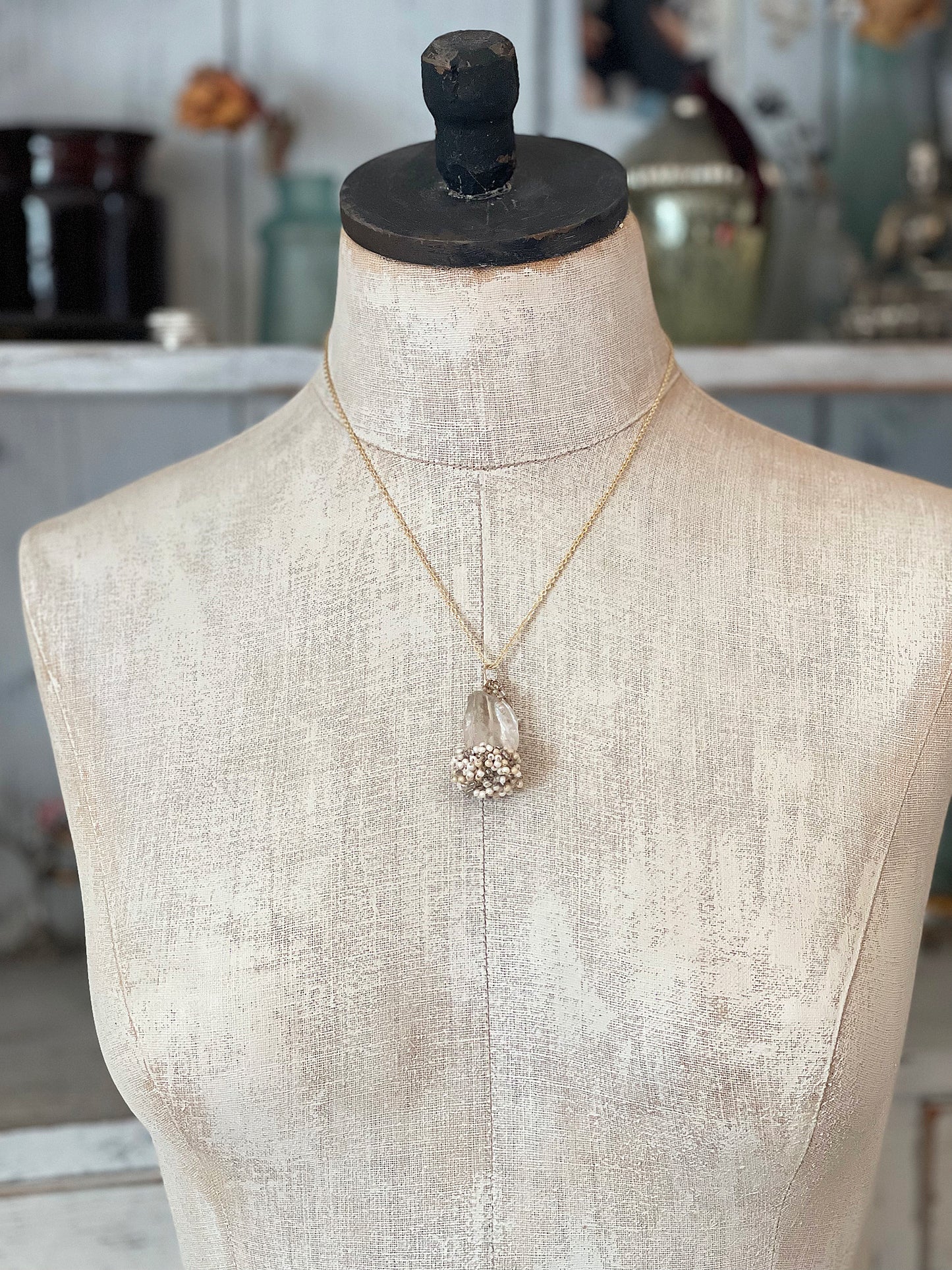 Woven Earth - Rock Crystal & Pearl Crochet Pendant Necklace