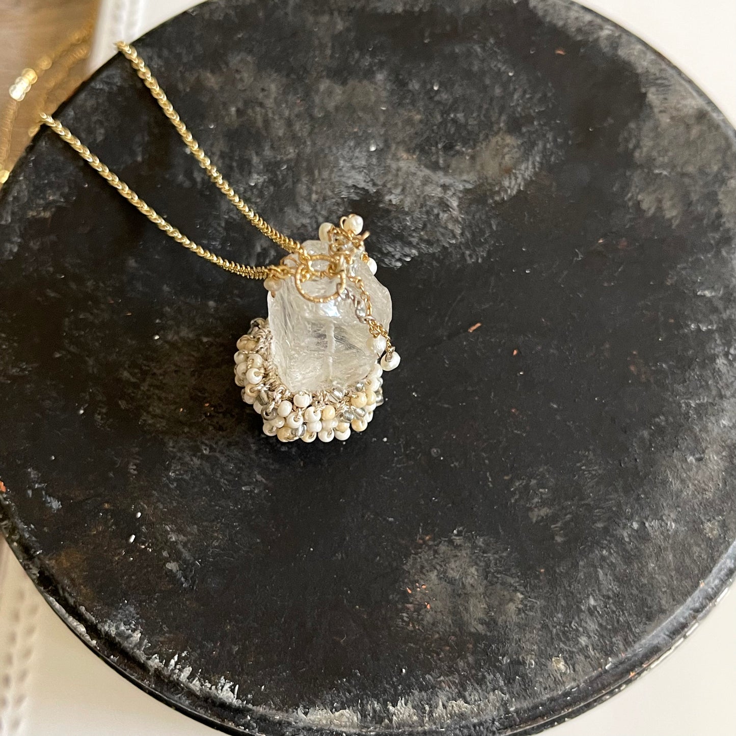 Woven Earth - Rock Crystal & Pearl Crochet Pendant Necklace