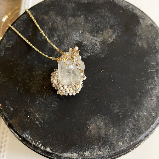 Woven Earth - Rock Crystal & Pearl Crochet Pendant Necklace