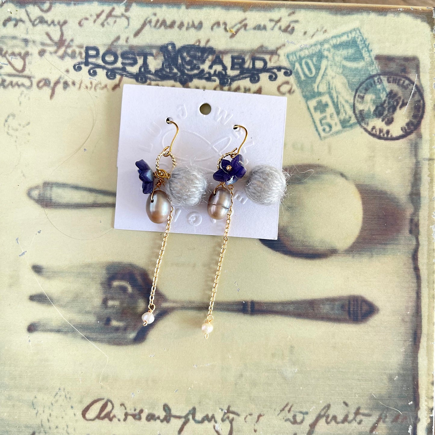 Eclectic Elegance: Asymmetrical Grey Mohair, Bellflower & Pearl Drop Earrings