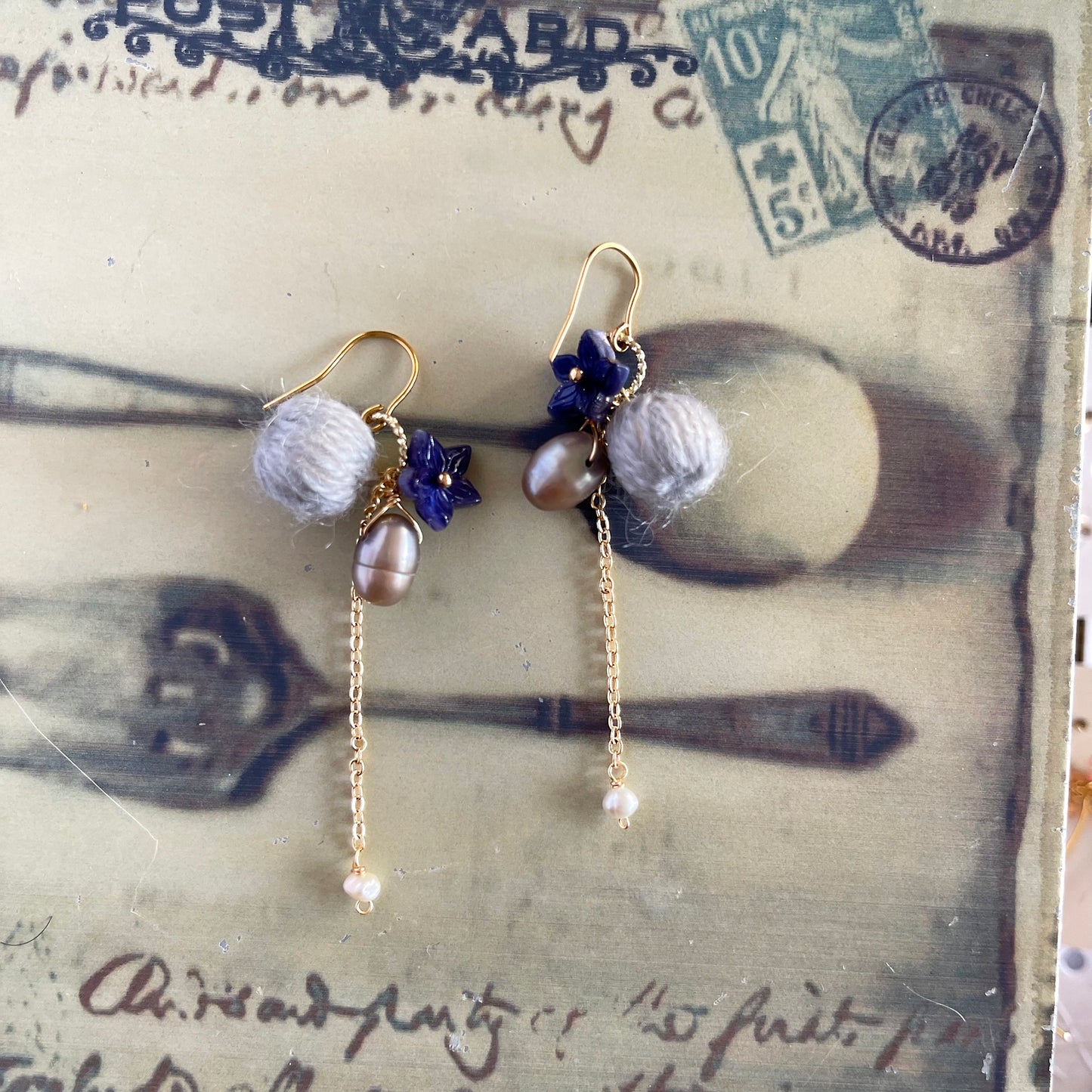 Eclectic Elegance: Asymmetrical Grey Mohair, Bellflower & Pearl Drop Earrings