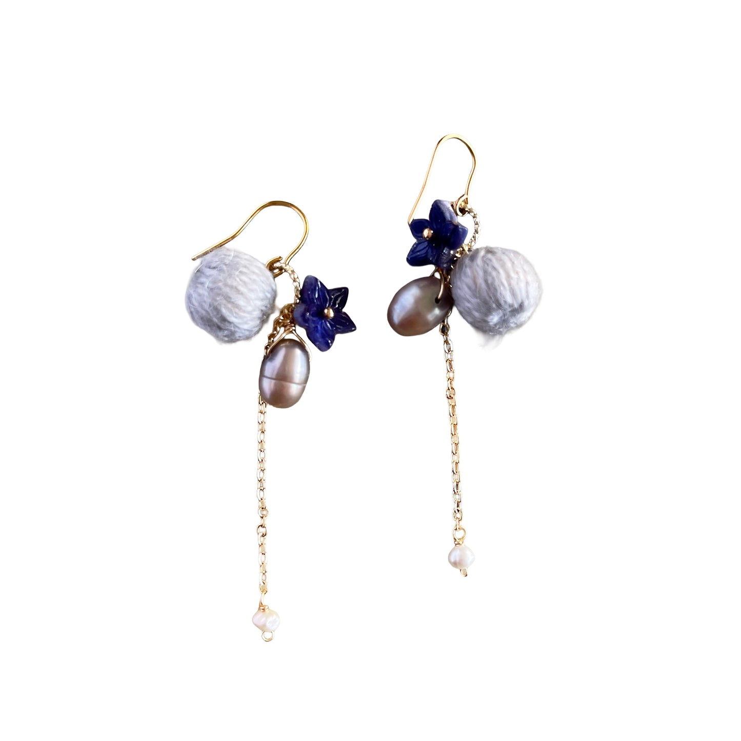 Eclectic Elegance: Asymmetrical Grey Mohair, Bellflower & Pearl Drop Earrings