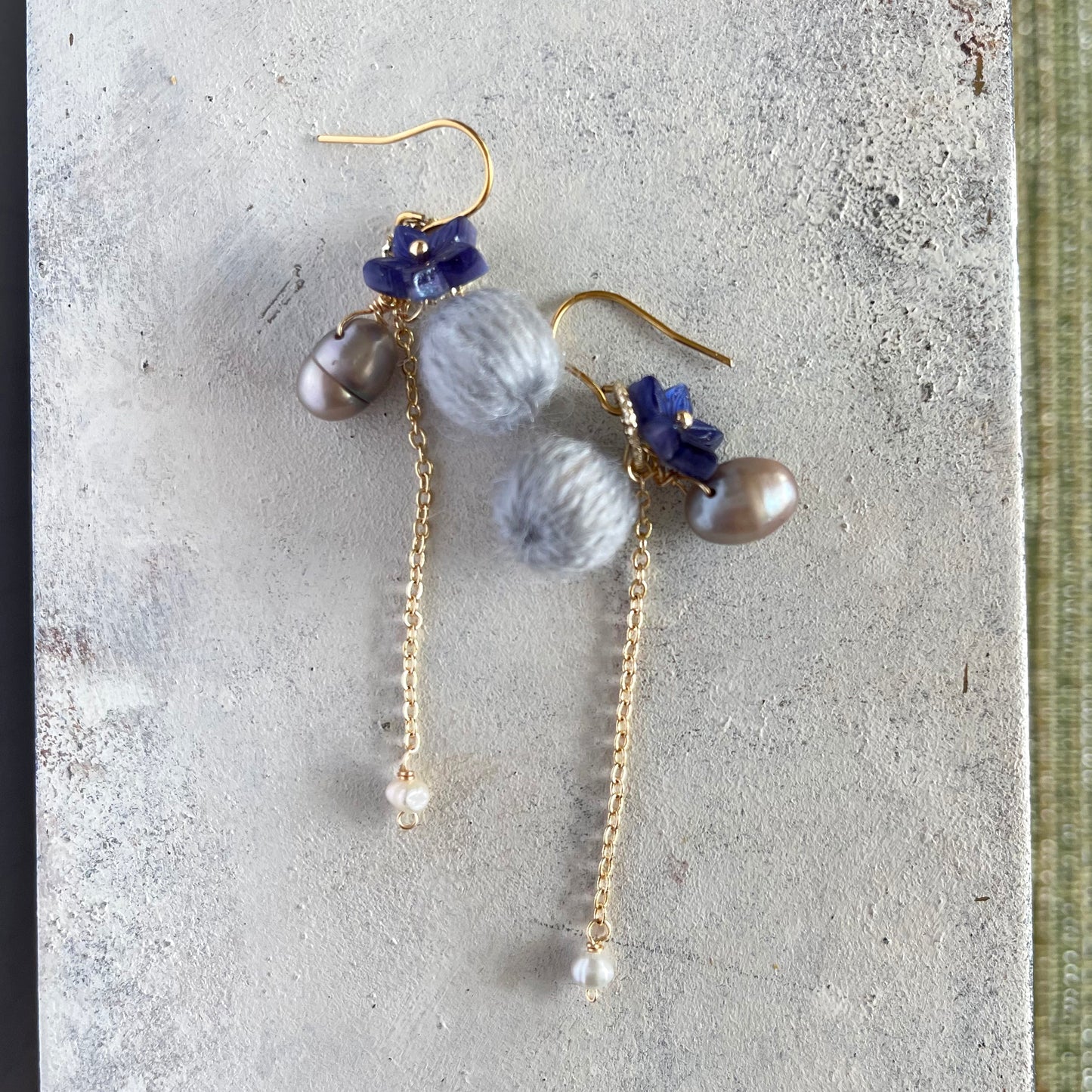 Eclectic Elegance: Asymmetrical Grey Mohair, Bellflower & Pearl Drop Earrings