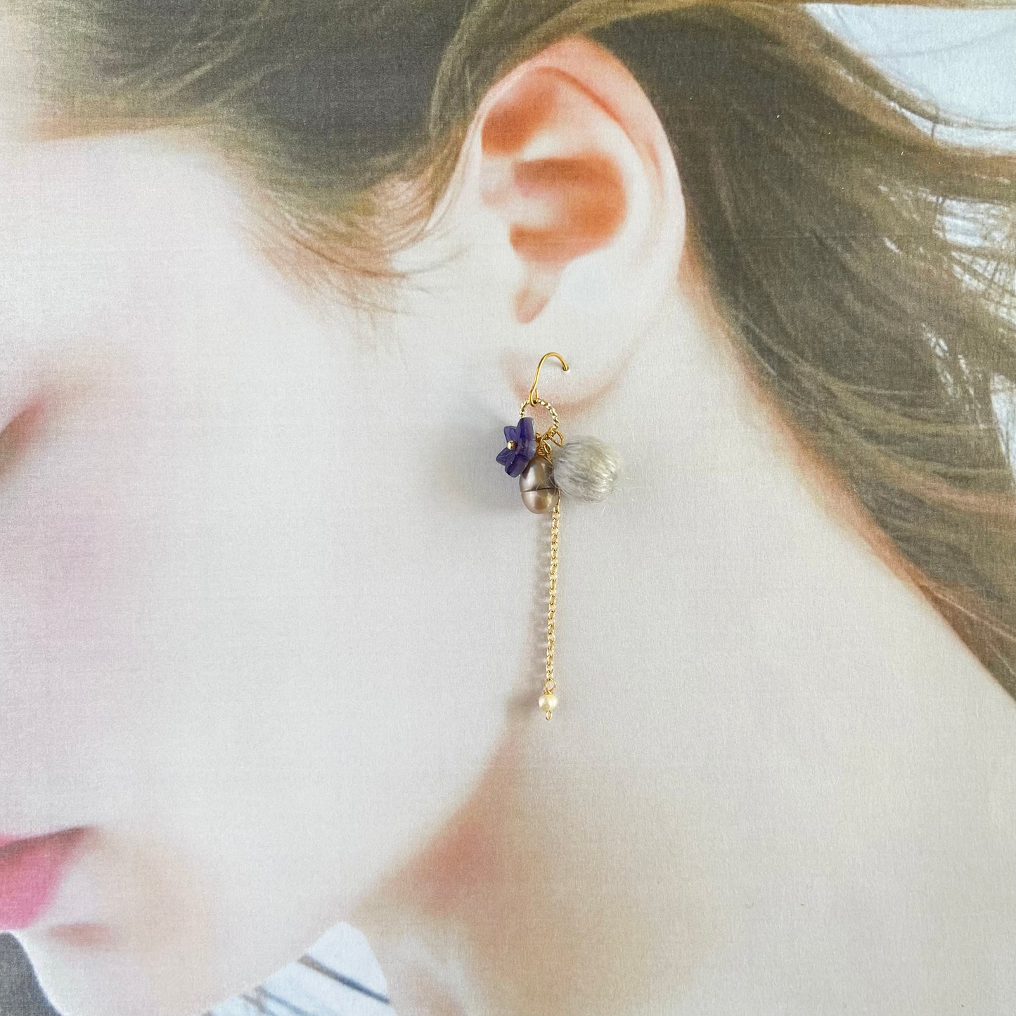 Eclectic Elegance: Asymmetrical Grey Mohair, Bellflower & Pearl Drop Earrings