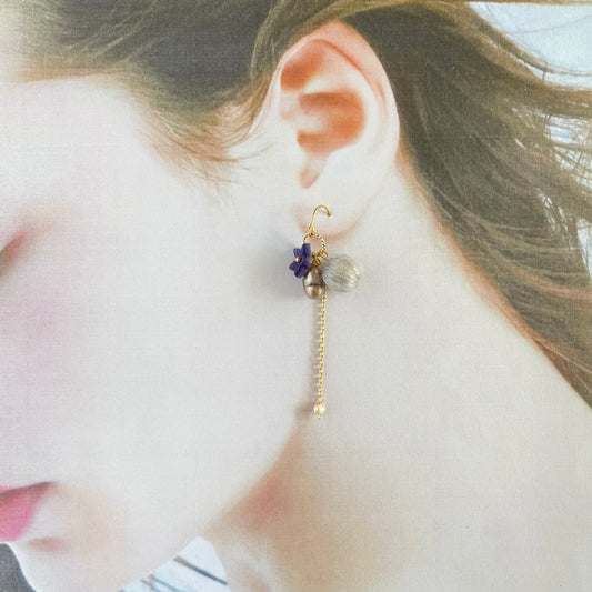 Eclectic Elegance: Asymmetrical Grey Mohair, Bellflower & Pearl Drop Earrings