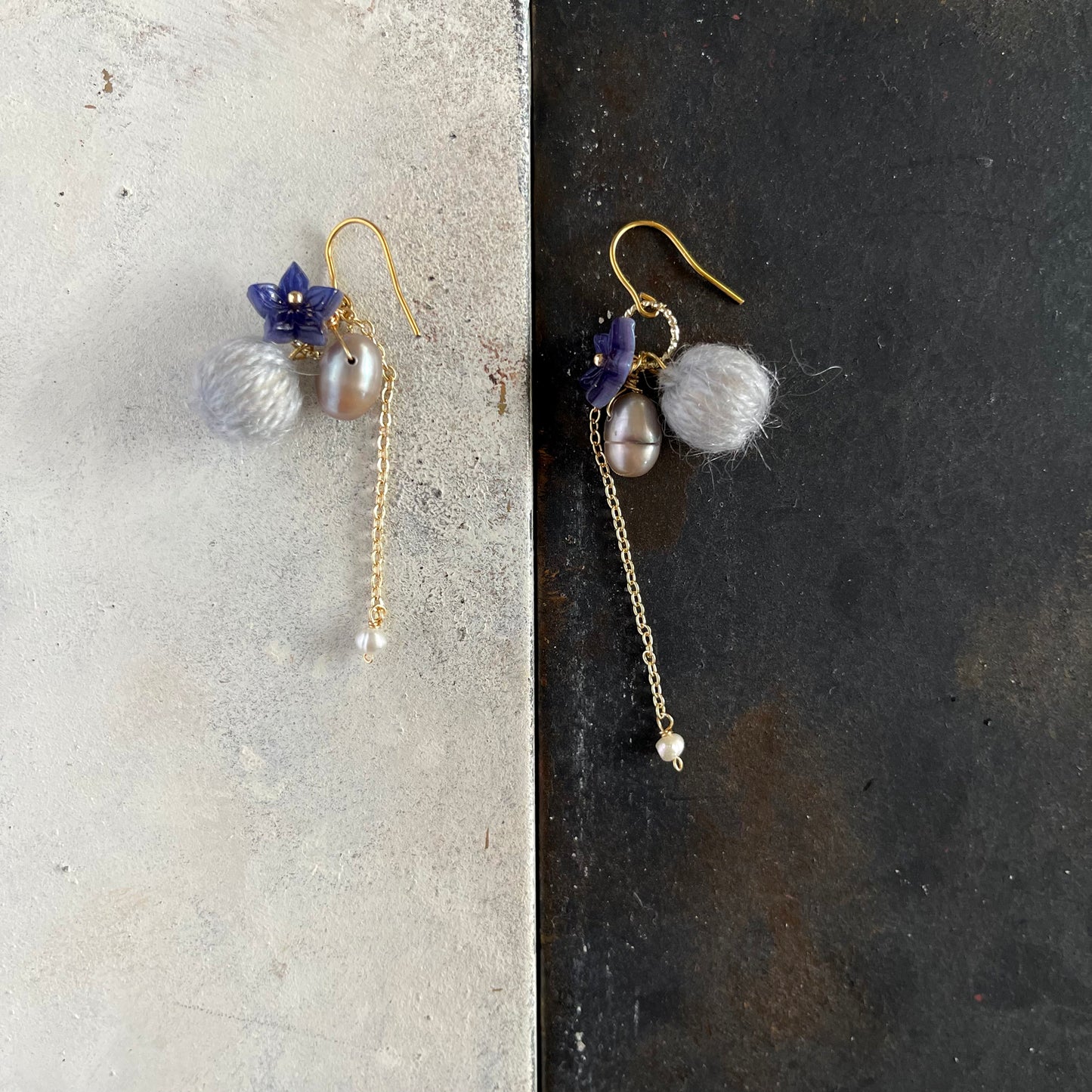 Eclectic Elegance: Asymmetrical Grey Mohair, Bellflower & Pearl Drop Earrings