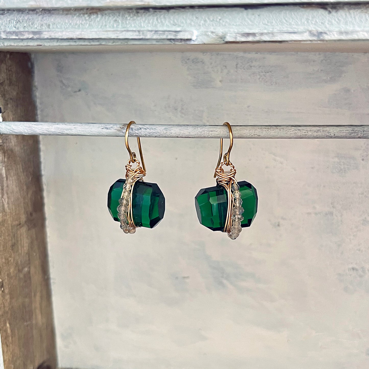 Emerald Whisper & Lunar Light: Statement Earrings in Green Hydro Quartz & Labradorite 14K Gold filled