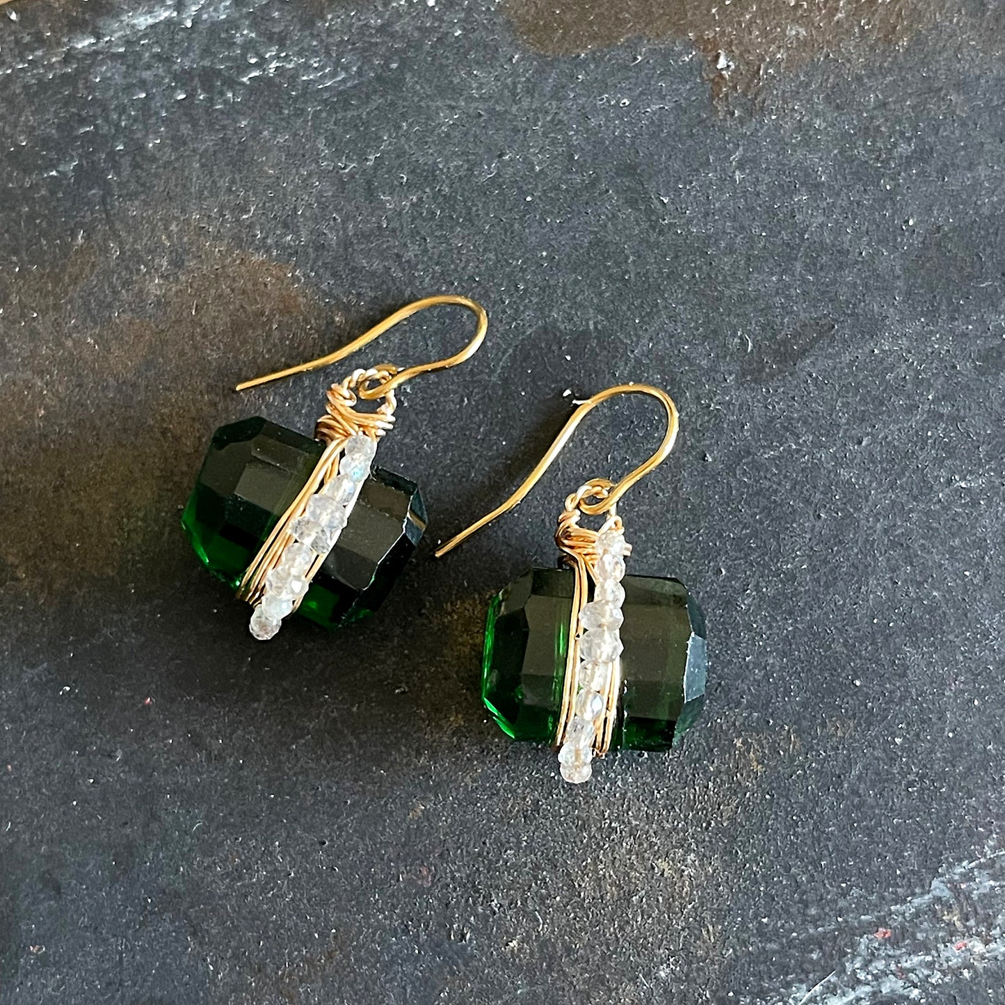 Emerald Whisper & Lunar Light: Statement Earrings in Green Hydro Quartz & Labradorite 14K Gold filled