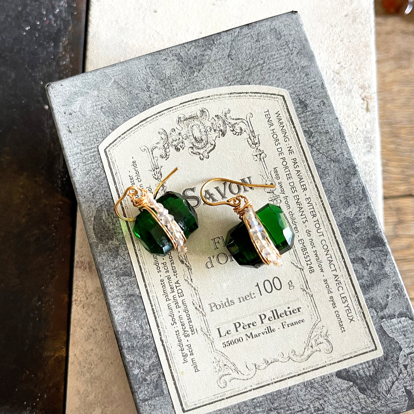 Emerald Whisper & Lunar Light: Statement Earrings in Green Hydro Quartz & Labradorite 14K Gold filled