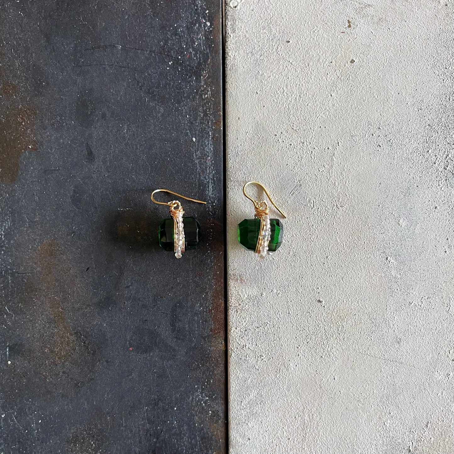Emerald Whisper & Lunar Light: Statement Earrings in Green Hydro Quartz & Labradorite 14K Gold filled