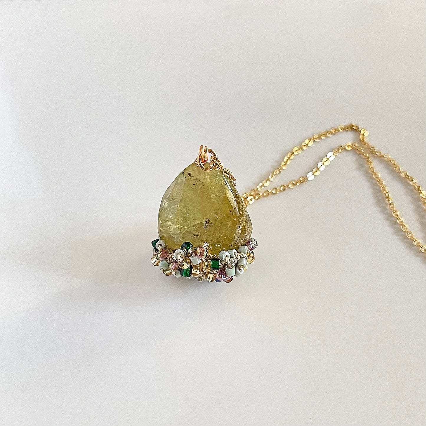 Woven Earth - Green Garnet Tumble & Bead Crochet Pendant Necklace