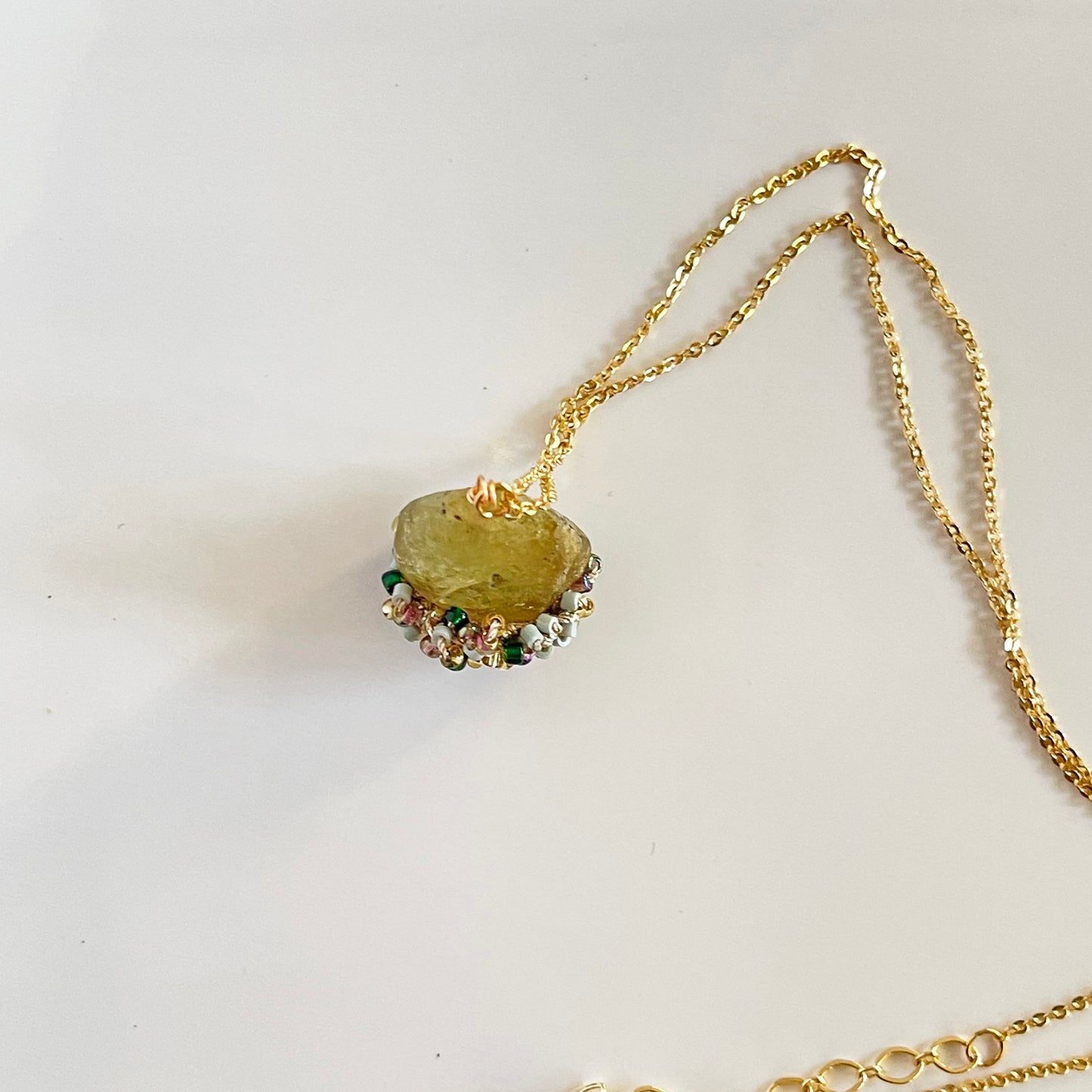Woven Earth - Green Garnet Tumble & Bead Crochet Pendant Necklace