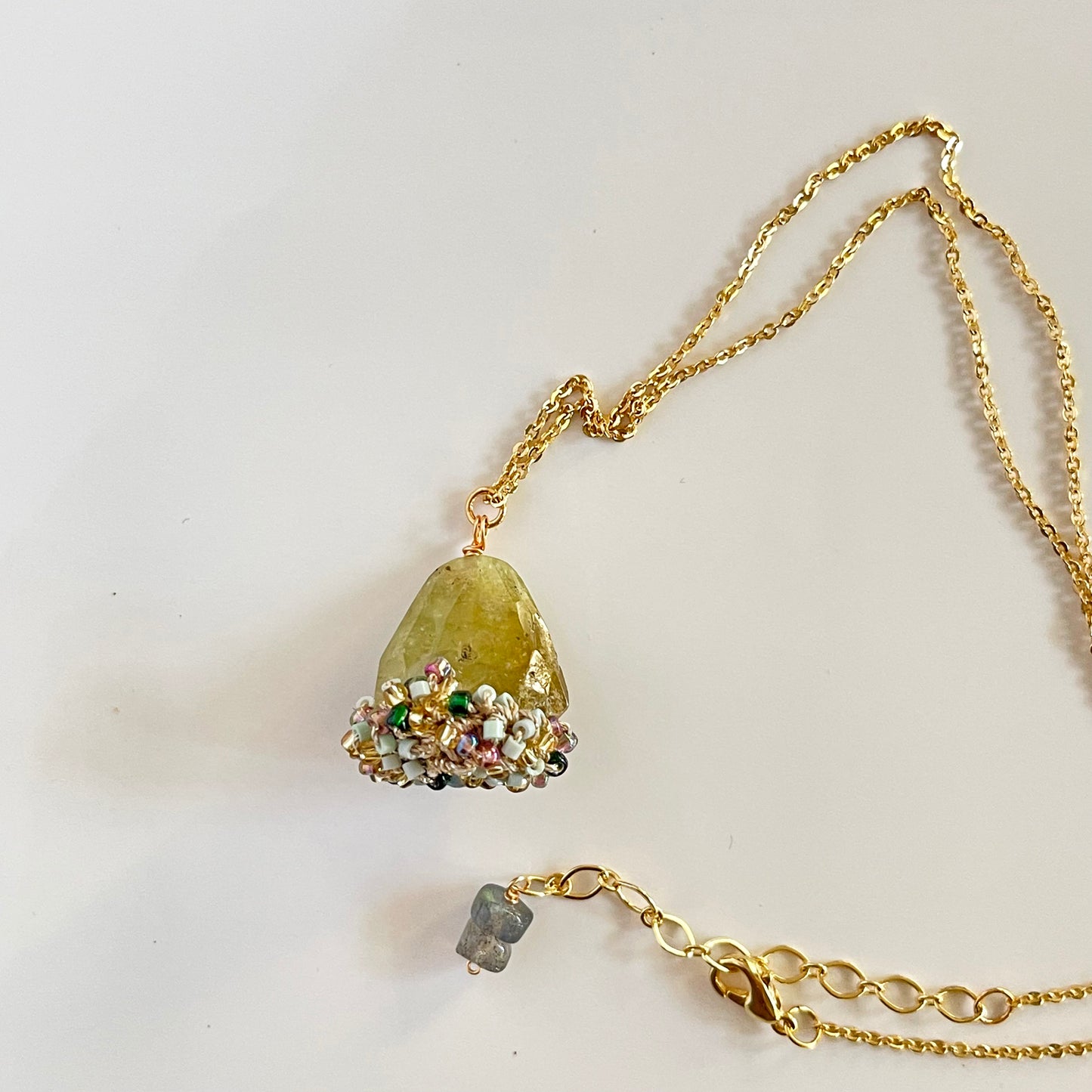 Woven Earth - Green Garnet Tumble & Bead Crochet Pendant Necklace