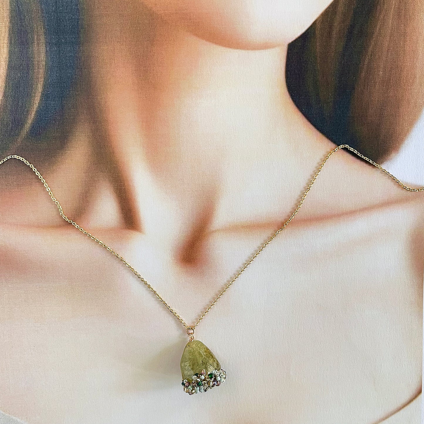 Woven Earth - Green Garnet Tumble & Bead Crochet Pendant Necklace