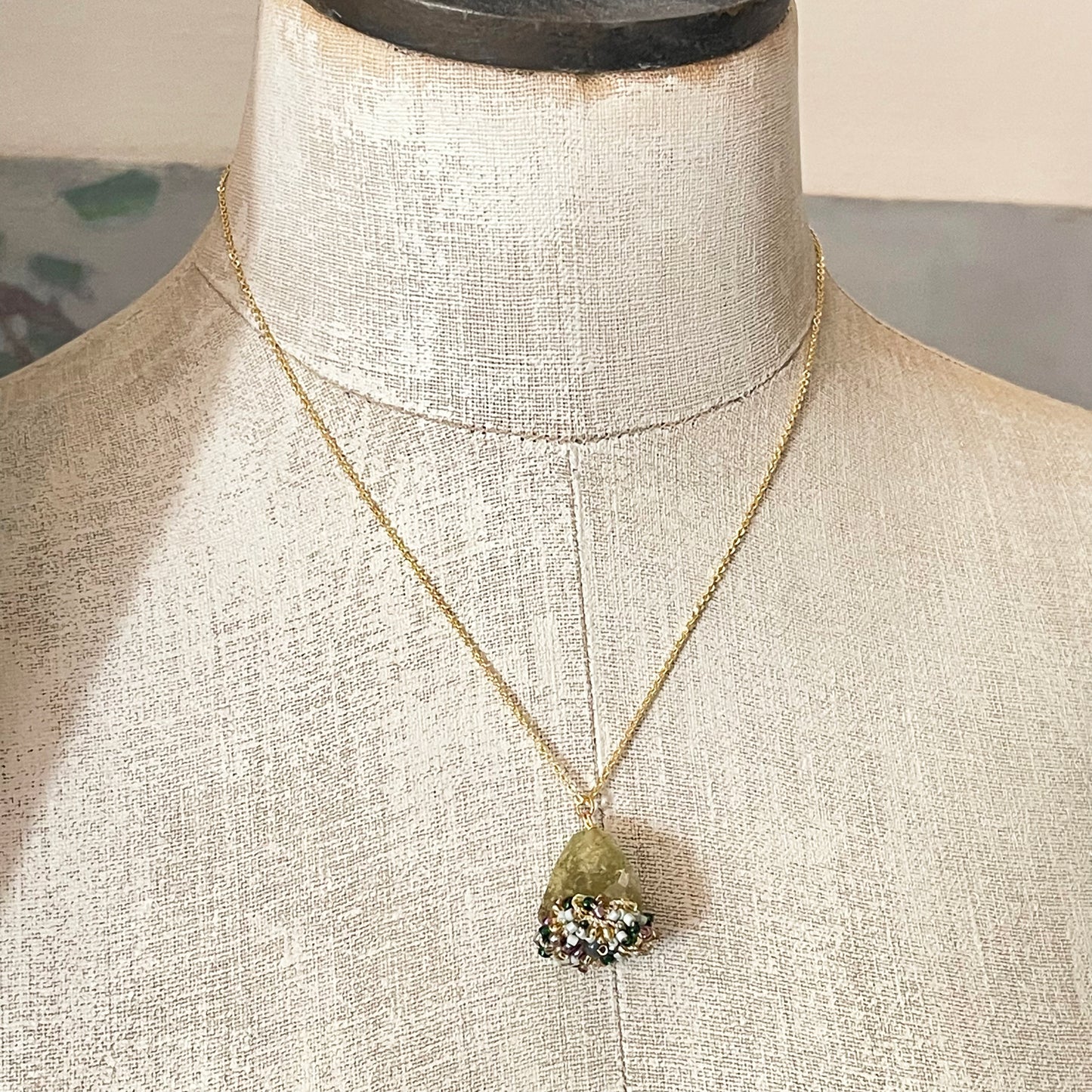 Woven Earth - Green Garnet Tumble & Bead Crochet Pendant Necklace