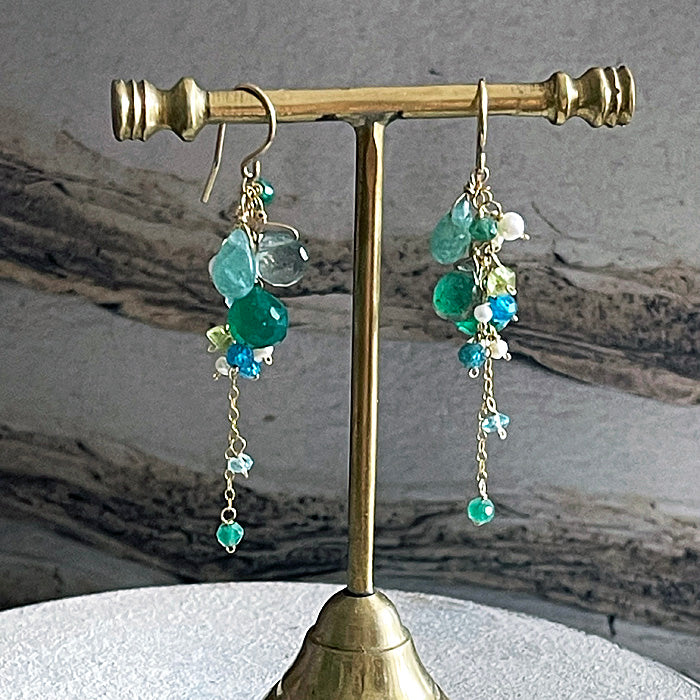 Green Onyx, Moss Aquamarine and Grandidierite Cascade Earrings - 14KGF