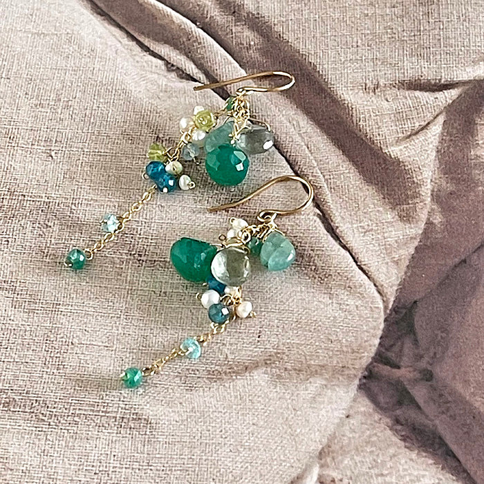 Green Onyx, Moss Aquamarine and Grandidierite Cascade Earrings - 14KGF