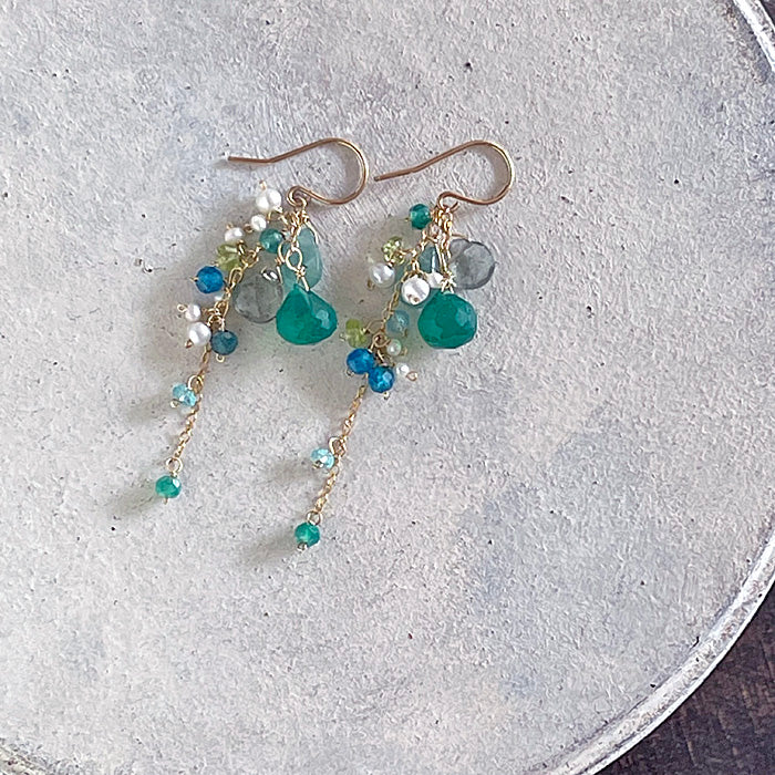 Green Onyx, Moss Aquamarine and Grandidierite Cascade Earrings - 14KGF