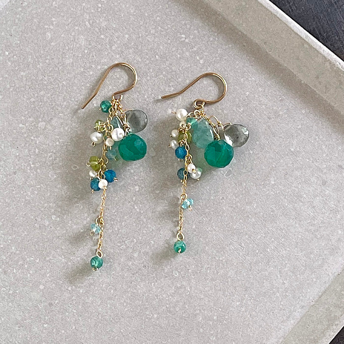 Green Onyx, Moss Aquamarine and Grandidierite Cascade Earrings - 14KGF