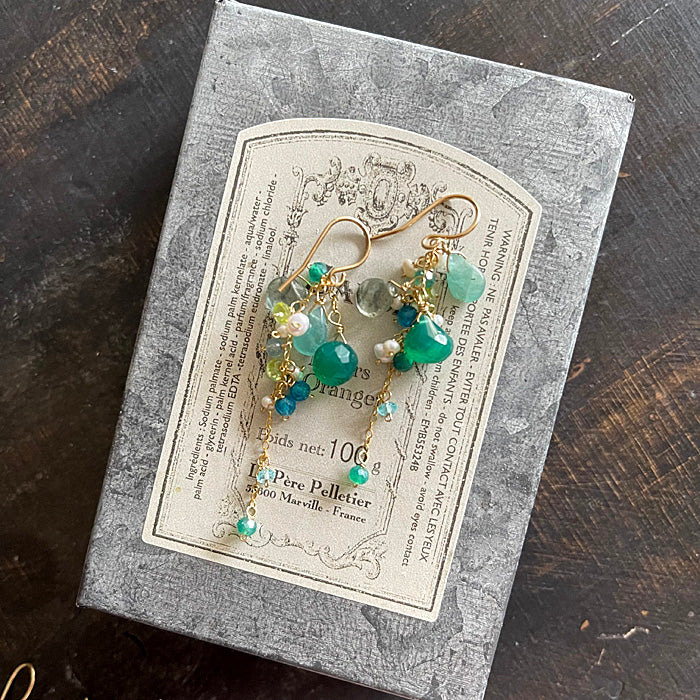 Green Onyx, Moss Aquamarine and Grandidierite Cascade Earrings - 14KGF