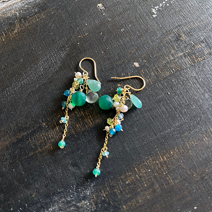 Green Onyx, Moss Aquamarine and Grandidierite Cascade Earrings - 14KGF