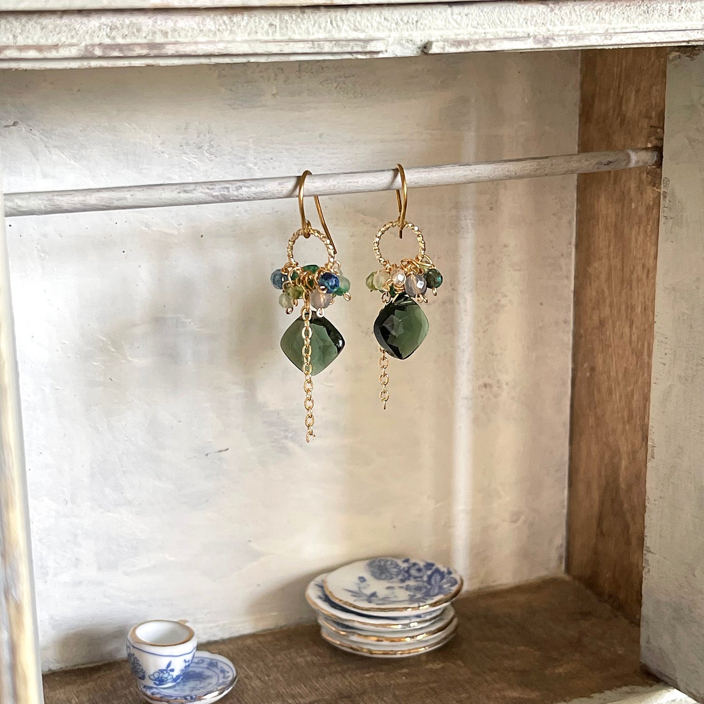 Verdant Glint: Green Quartz & Forest Gemstone Earrings 14K Gold Fill