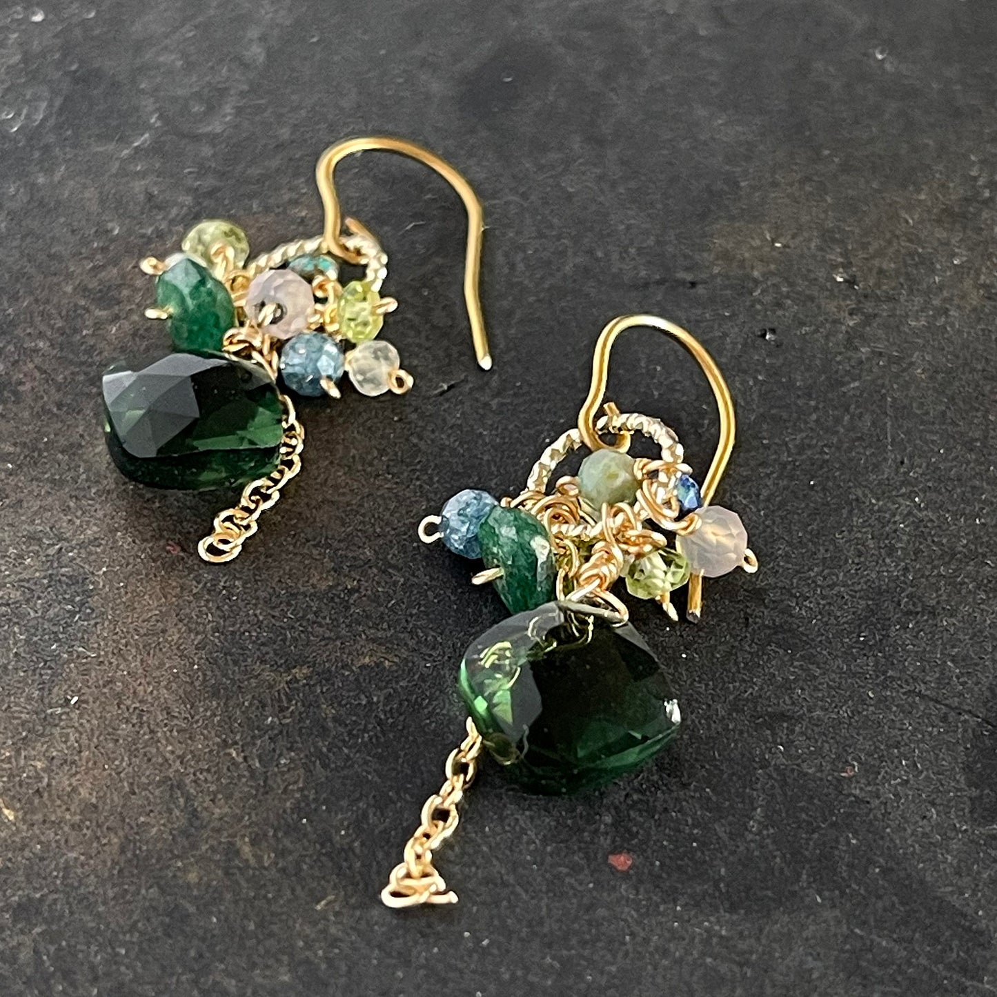 Verdant Glint: Green Quartz & Forest Gemstone Earrings 14K Gold Fill