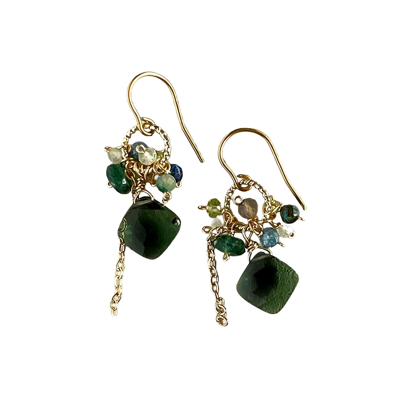 Verdant Glint: Green Quartz & Forest Gemstone Earrings 14K Gold Fill