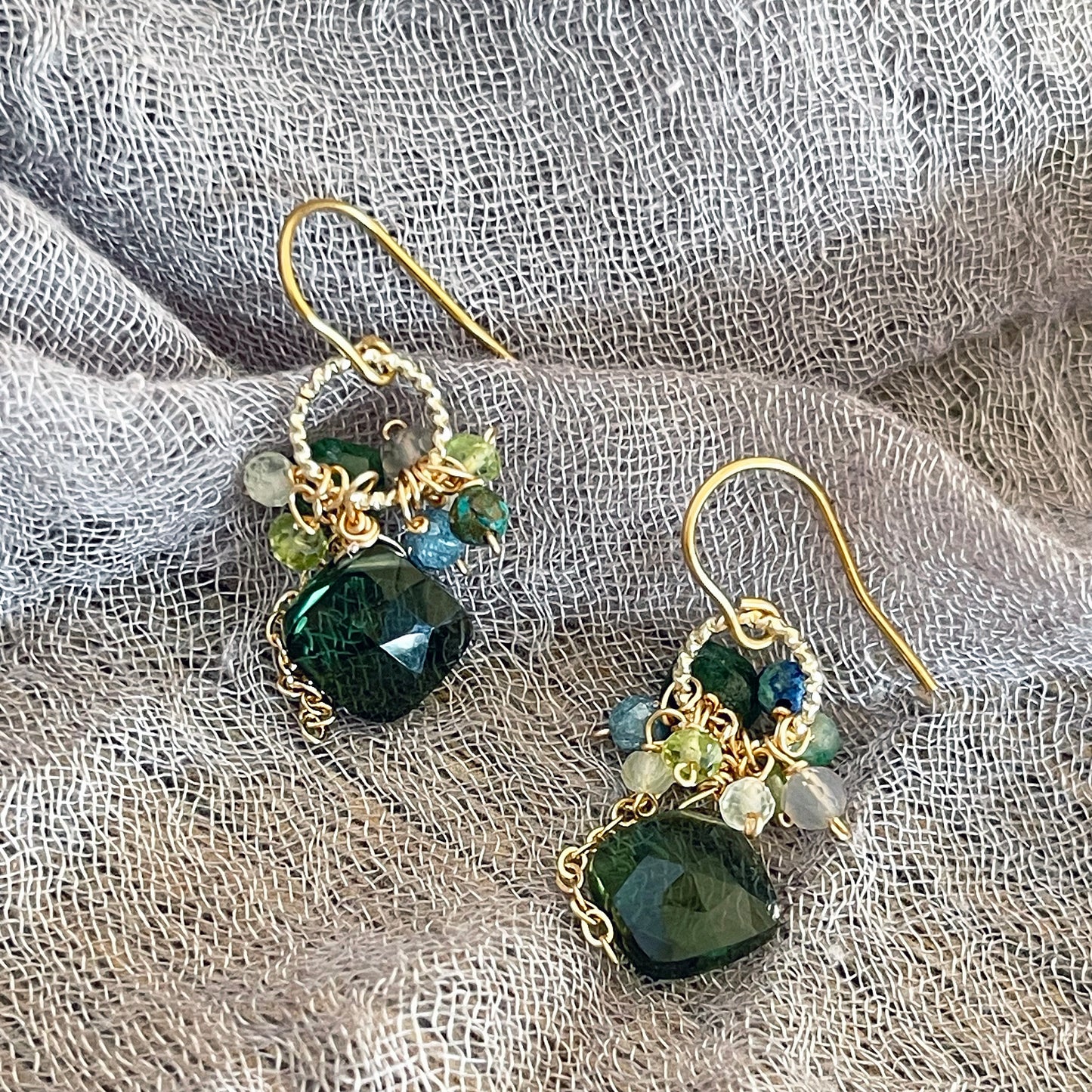 Verdant Glint: Green Quartz & Forest Gemstone Earrings 14K Gold Fill