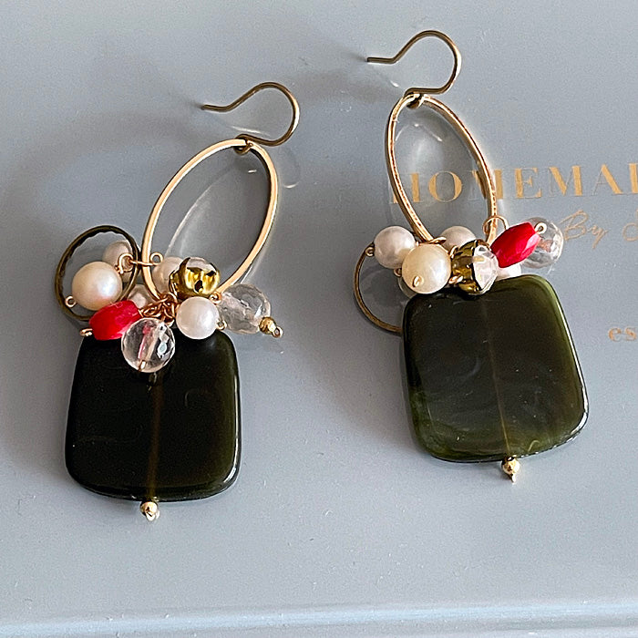 Dark green acrylic square with oval link and red coral earrings