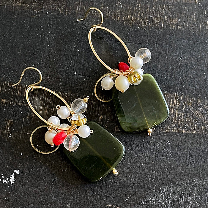 Dark green acrylic square with oval link and red coral earrings