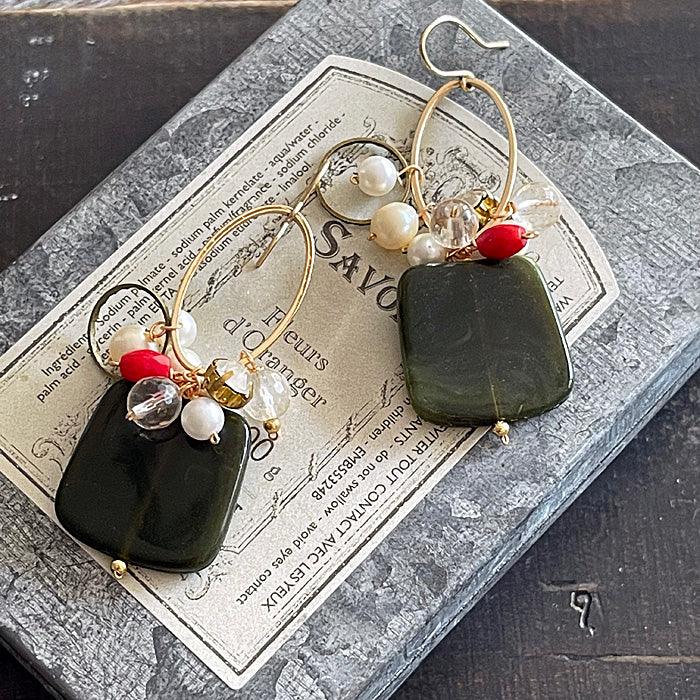 Dark green acrylic square with oval link and red coral earrings