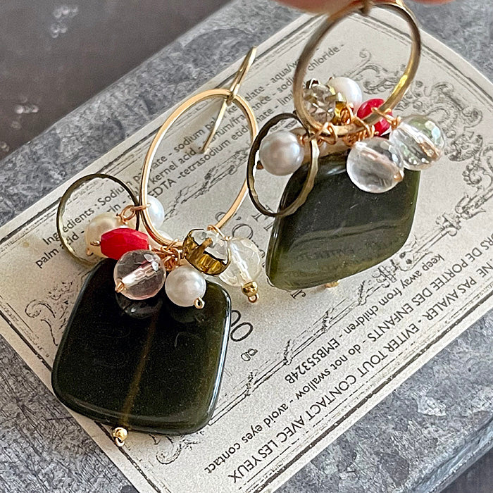 Dark green acrylic square with oval link and red coral earrings