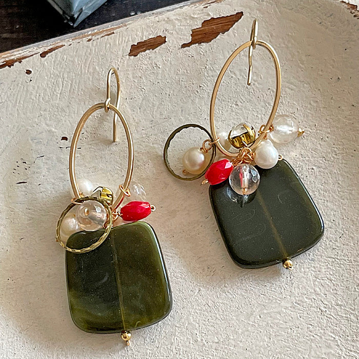 Dark green acrylic square with oval link and red coral earrings