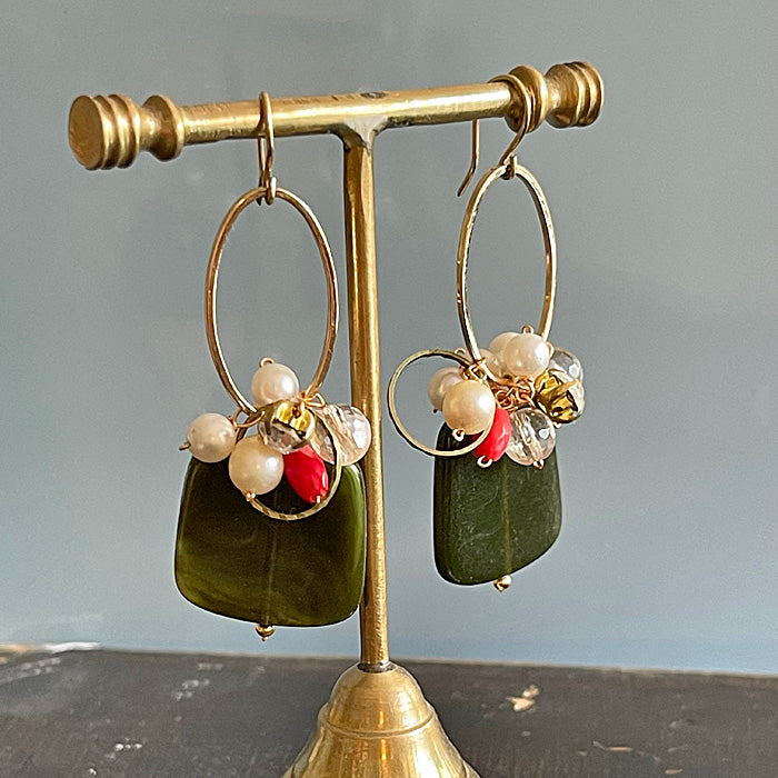 Dark green acrylic square with oval link and red coral earrings