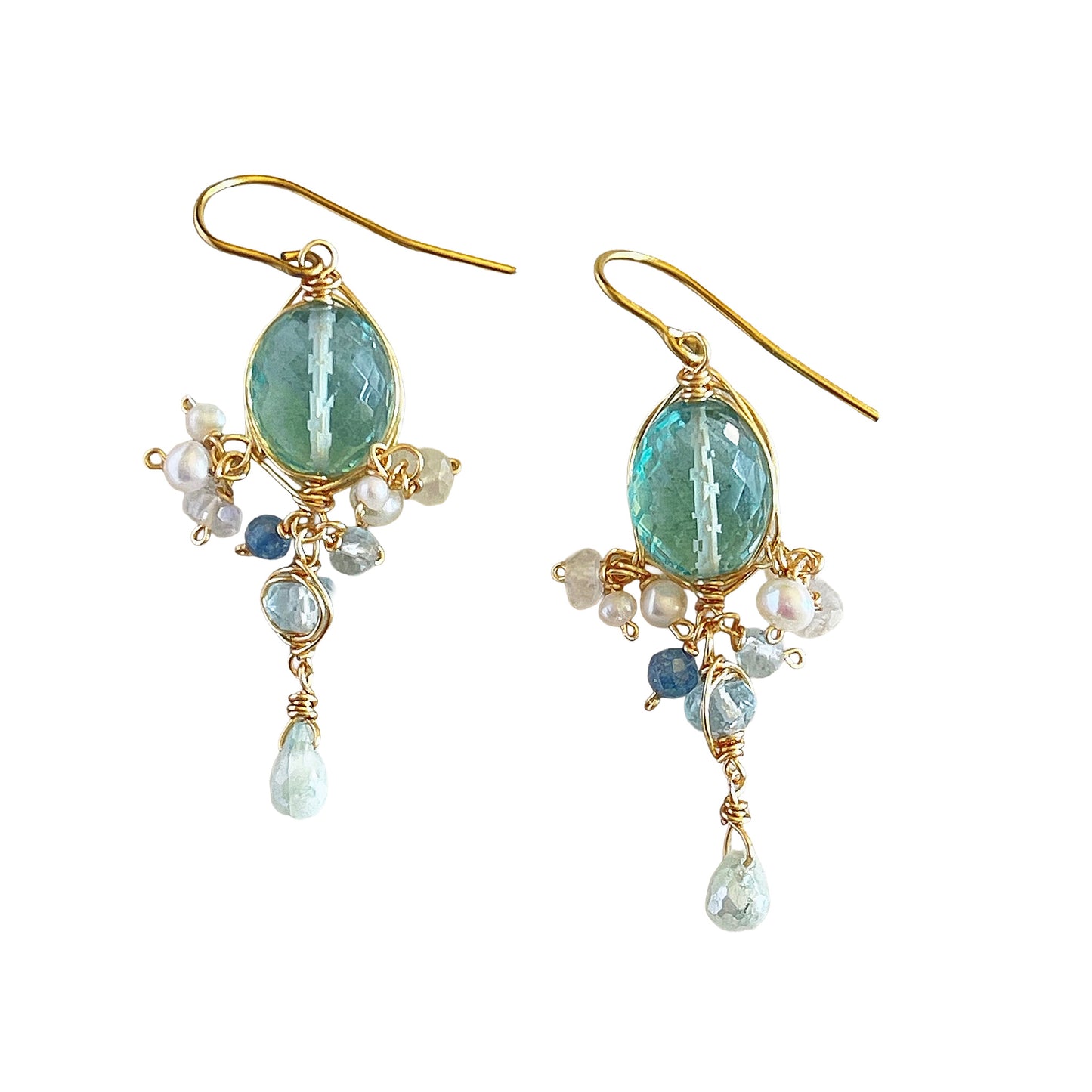 Morning Dew - Ethereal Green Quartz & Aquamarine Chandelier Earrings 14K Gold Fill