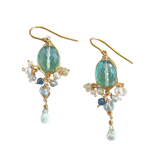 Morning Dew - Pastel Green Quartz & Aquamarine Chandelier Earrings, 14K Gold Fill