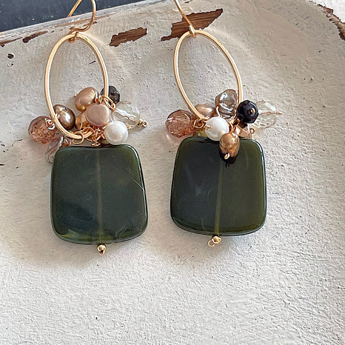 Dark green acrylic square with oval link and sepia beads earrings