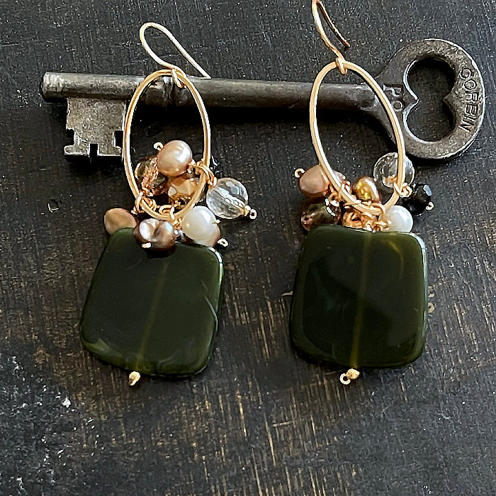 Dark green acrylic square with oval link and sepia beads earrings